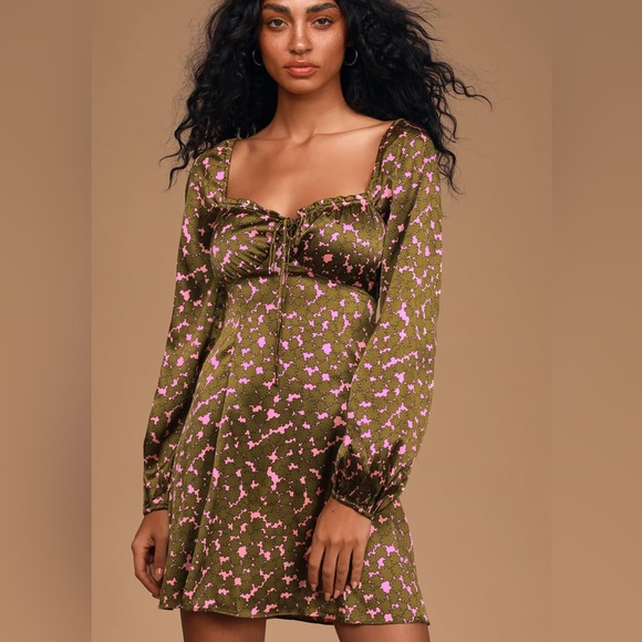 Lulus Dresses & Skirts - Feel So Lucky Pink Green Floral Print Satin Mini Dress
LUSH Floral Long Sleeve